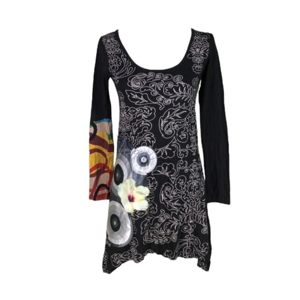 Desigual‎ Tunic Top/Dress Women’s Small Black Multi-Color Floral Viscose